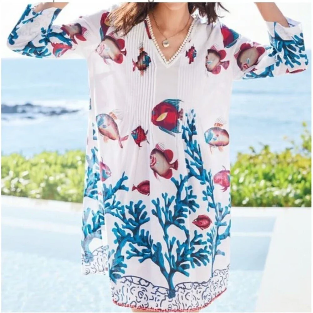 Women's Soft Surroundings Coral Reef Fish Seychelles Tunic/Dress/Cover-Up PXS - Picture 2 of 14